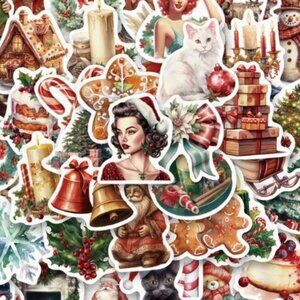 50pcs Retro Christmas Stickers - Vintage Holiday Designs -Santa, Reindeer, Gifts